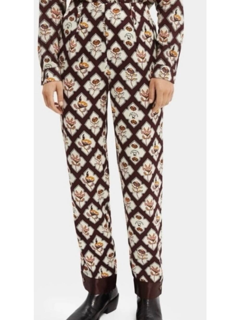 Scotch & Soda Sun Ray Satin Burgundy Floral Print Pleated Straight Leg Pants, S